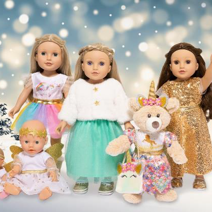 Prachtvolle Festtagskleider für Puppe und Kuscheltier